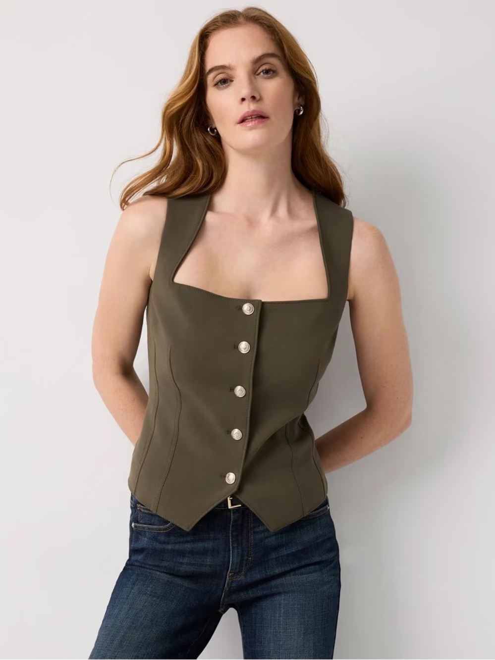 White House Black Market Olive Green Square-Neck Button Vest